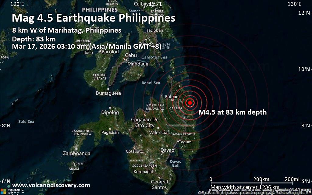 Moderate earthquake of magnitude 4.5 just reported 44 km northeast of Prosperidad, Philippines