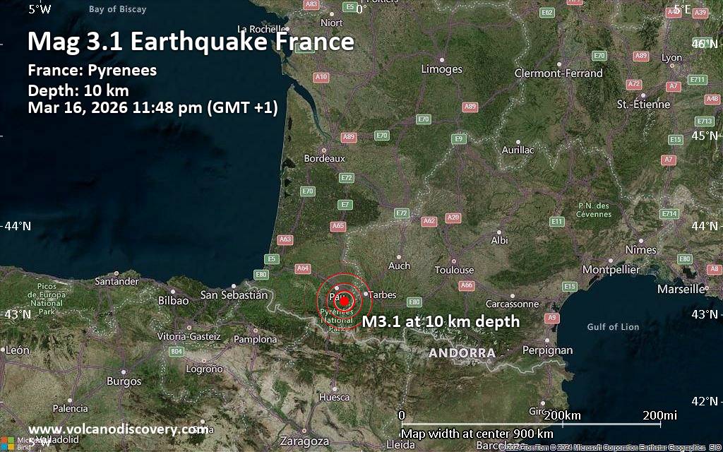 Magnitude 3.1 earthquake strikes near Pau, Pyrénées-Atlantiques, Nouvelle-Aquitaine, France