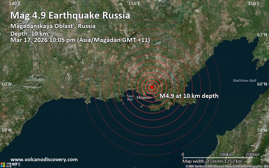 Карта эпицентра землетрясения в Магаданской области
