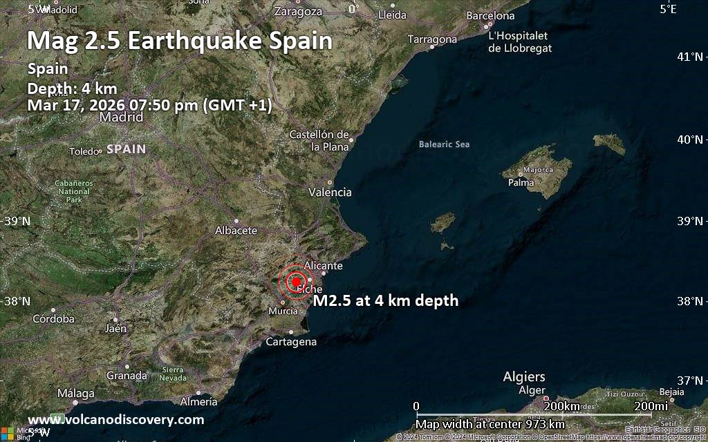 Magnitude 2.5 earthquake strikes near Orihuela, Alicante, Valencia, Spain