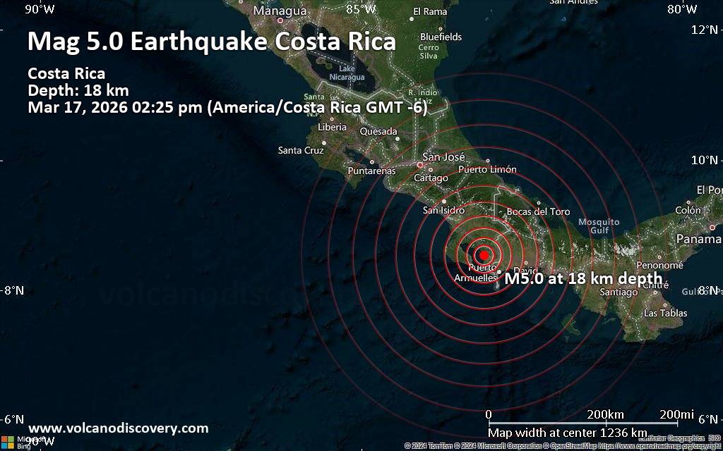 Significant earthquake of magnitude 5.0 just reported 8 km southeast of Golfito, Costa Rica