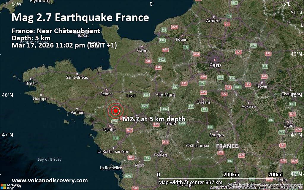 Small tremor of magnitude 2.7 just reported 46 km northeast of Nantes, France