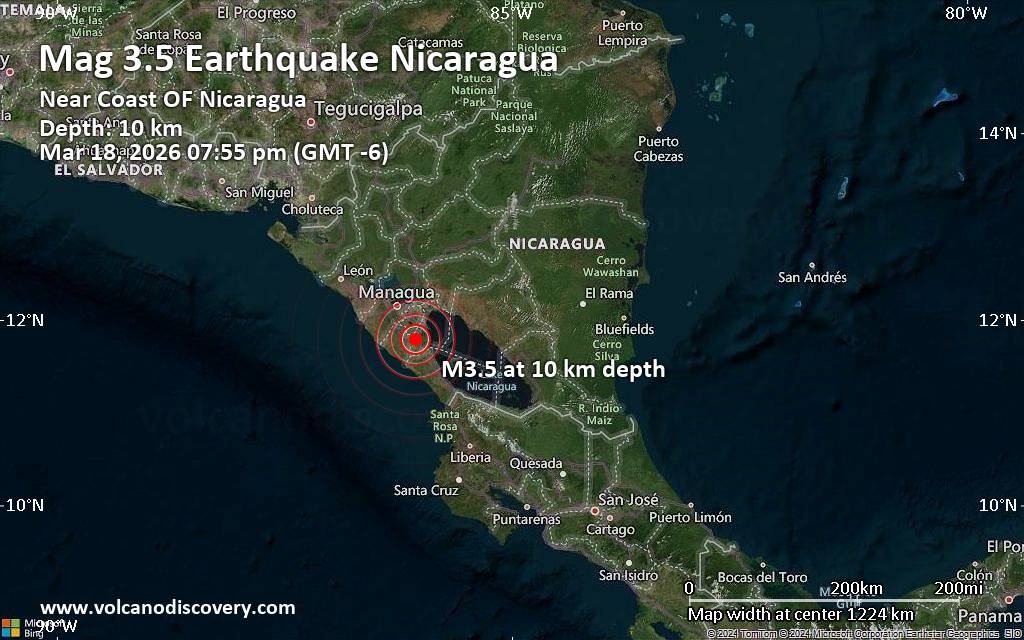 Small magnitude 3.5 earthquake 20 km southwest of Granada, Nicaragua
