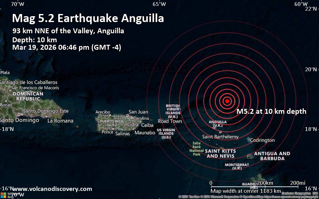 Significant magnitude 5.2 quake hits 94 km northeast of The Valley, Anguilla early evening