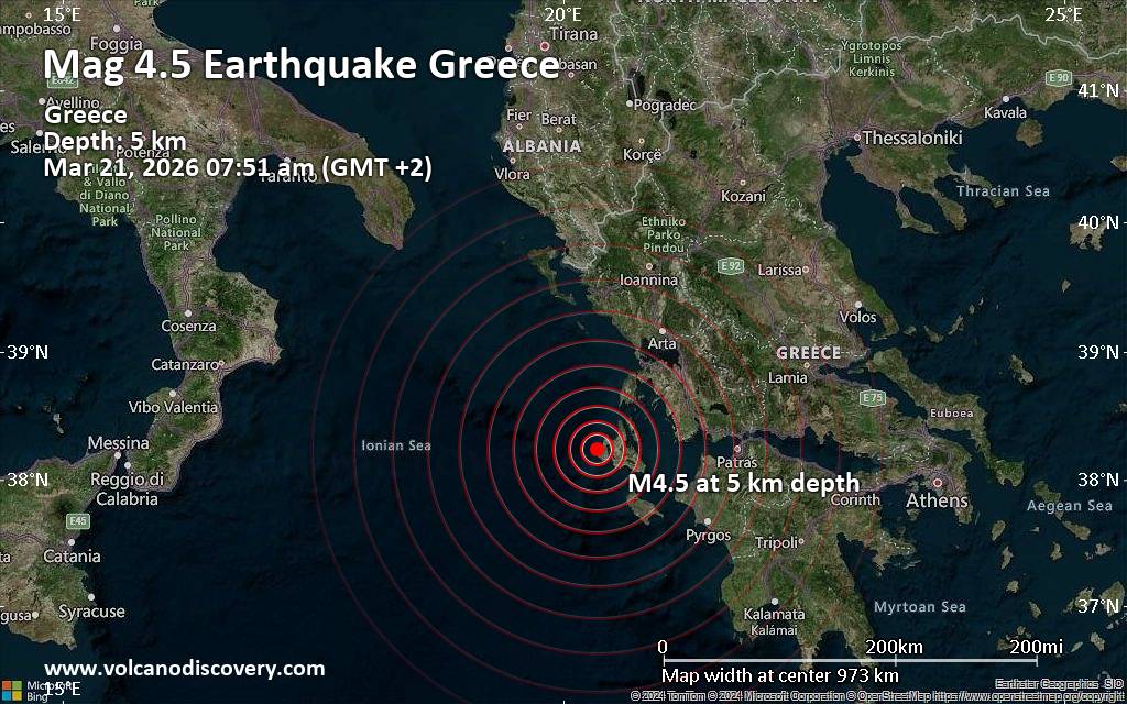 Moderate magnitude 4.5 quake hits 15 km northwest of Argostoli, Greece in the morning