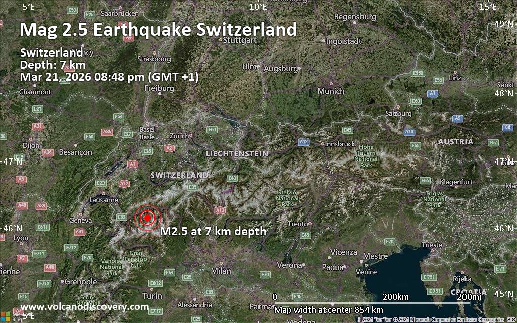 Small magnitude 2.5 quake hits 19 km southeast of Sitten, Switzerland in the evening