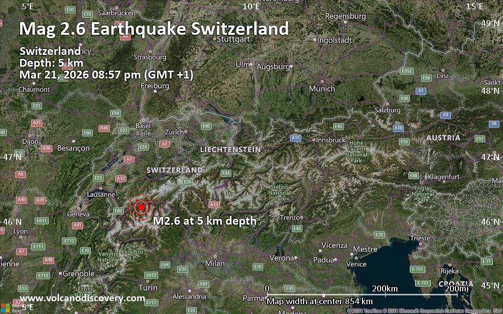 Small earthquake of magnitude 2.6 just reported 14 km east of Sitten, Switzerland