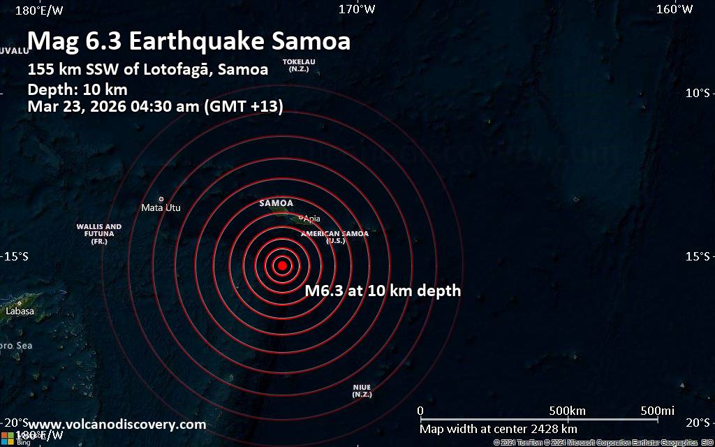 Significant magnitude 6.3 quake hits 156 km southwest of Si'umu, Samoa early morning