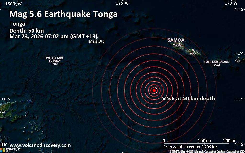 Significant magnitude 5.6 earthquake 45 km northeast of Hihifo, Tonga