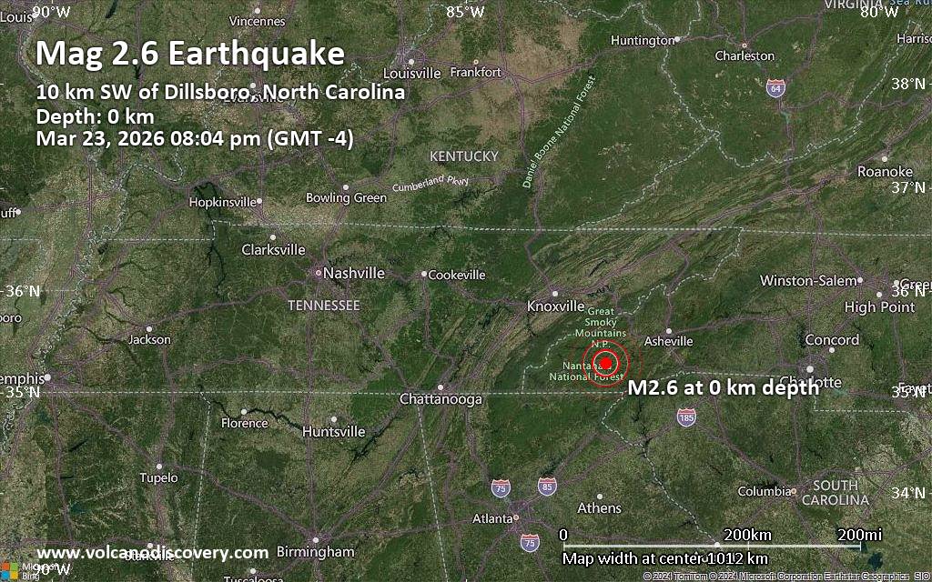 Small magnitude 2.6 earthquake 8 miles west of Cullowhee, North Carolina, United States