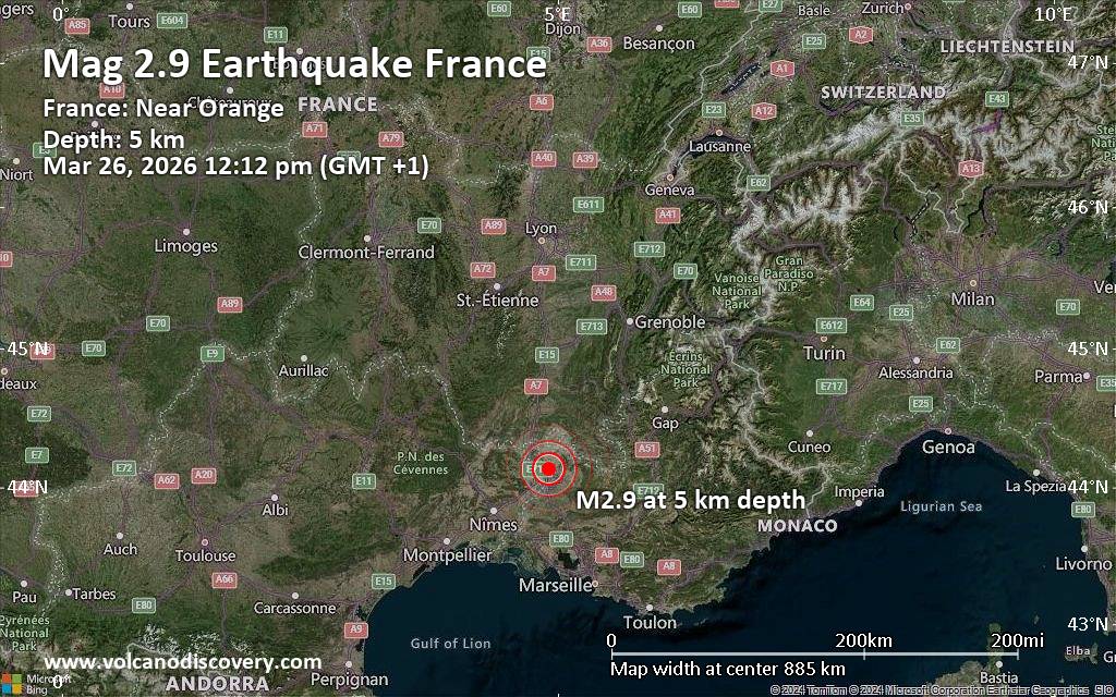 Small earthquake of magnitude 2.9 just reported 8 km east of Orange, France