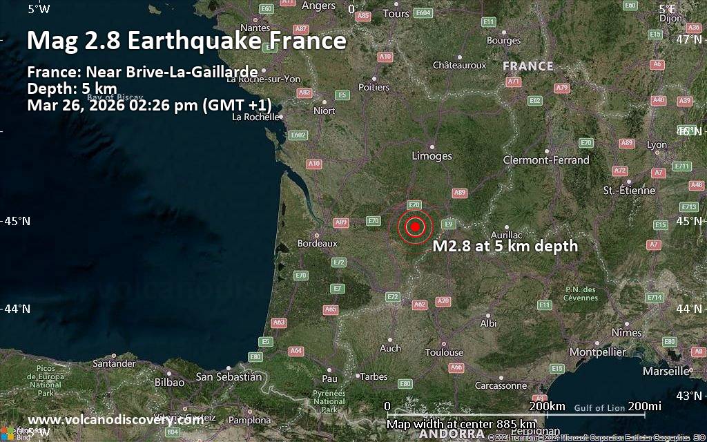 Magnitude 2.8 earthquake strikes near Perigueux, Dordogne, Nouvelle-Aquitaine, France
