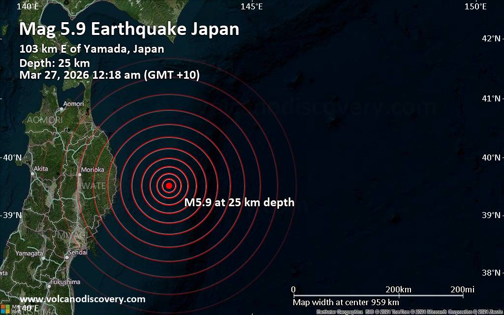 Significant earthquake of magnitude 5.9 just reported 105 km east of Miyako, Japan