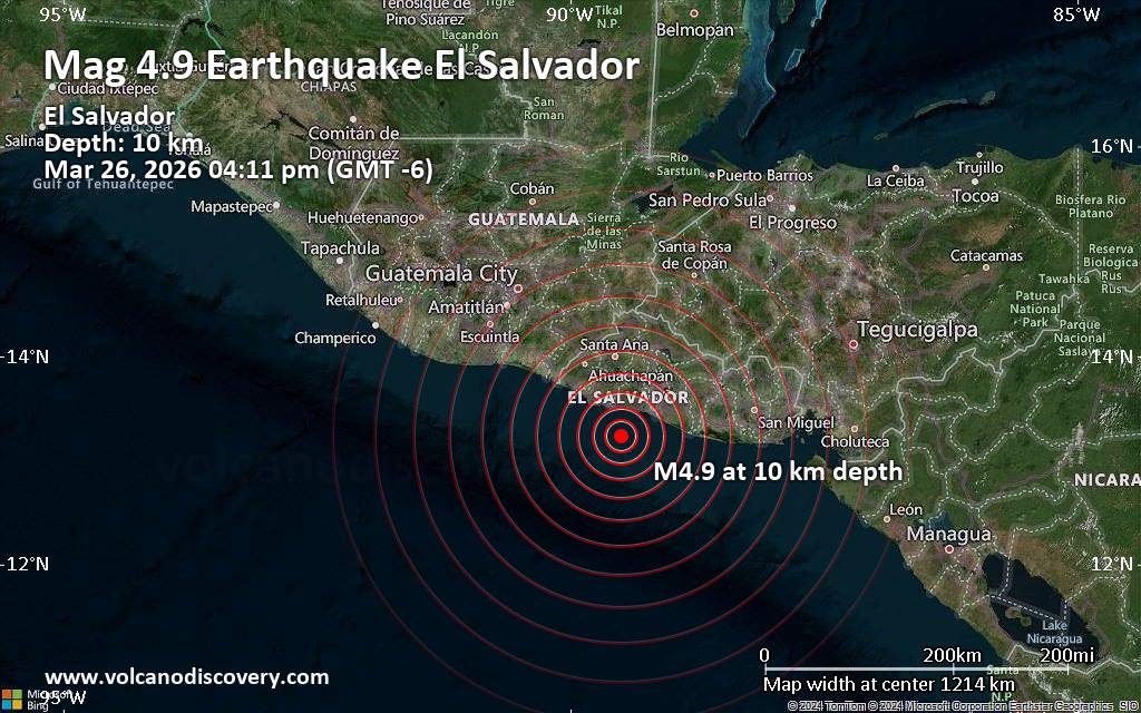 Moderate magnitude 4.9 earthquake 60 km southwest of San Salvador, El Salvador