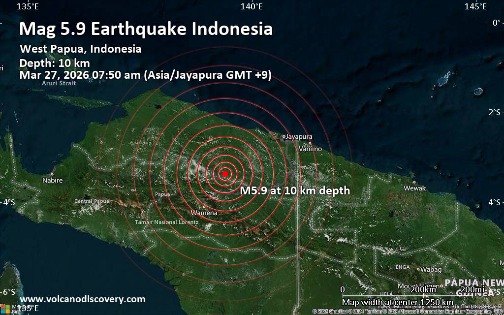 Significant earthquake of magnitude 5.9 just reported 96 km northeast of Wamena, Indonesia