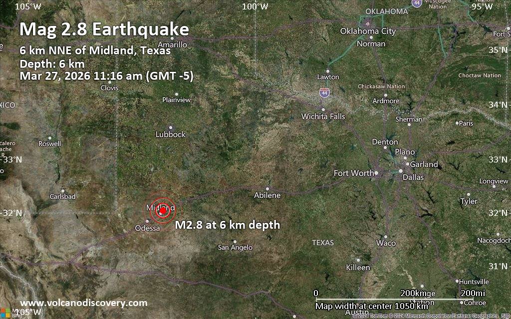 Magnitude 2.8 earthquake strikes near Midland, Midland County, Texas, USA