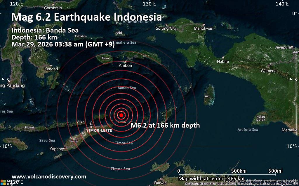 Significant earthquake of magnitude 6.2 just reported 54 km north of Tiakur, Indonesia