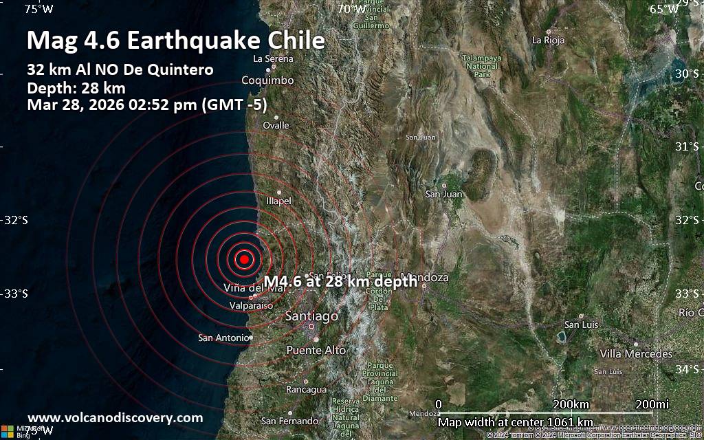 Moderate magnitude 4.6 earthquake 56 km north of Valparaiso, Chile
