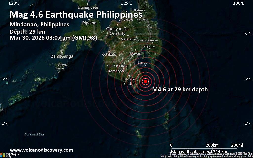 Moderate magnitude 4.6 quake hits 65 km southeast of Malita, Philippines early morning