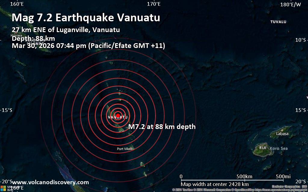 Very strong magnitude 7.2 quake hits 28 km northeast of Luganville, Vanuatu early evening