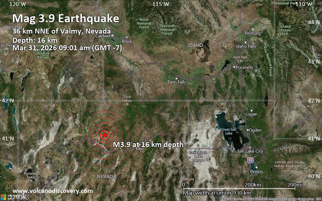 Small magnitude 3.9 quake hits 41 miles northeast of Winnemucca, Nevada, United States in the morning