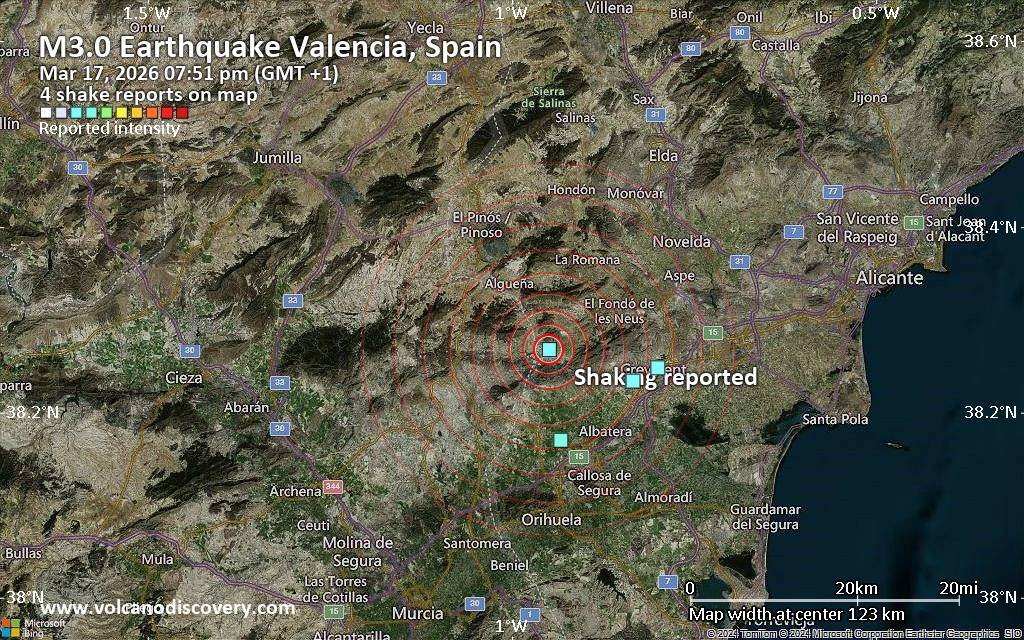 Seismic-like event, possible earthquake, reported few minutes ago near Elche, Valencia, Spain