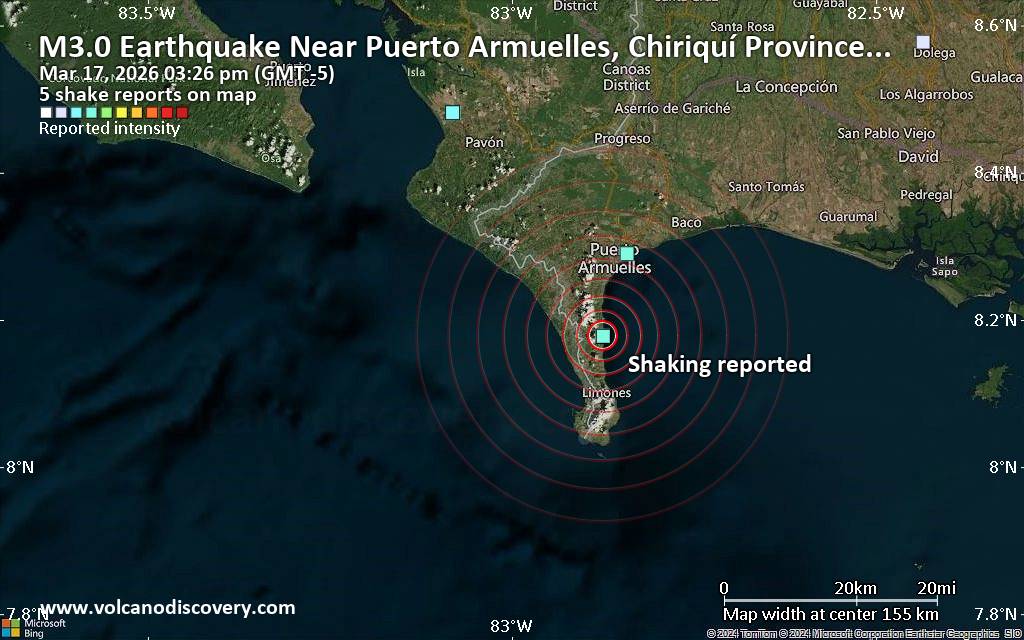 Seismic-like event, possible earthquake, reported few minutes ago near Puerto Armuelles, Chiriquí Province, Panama