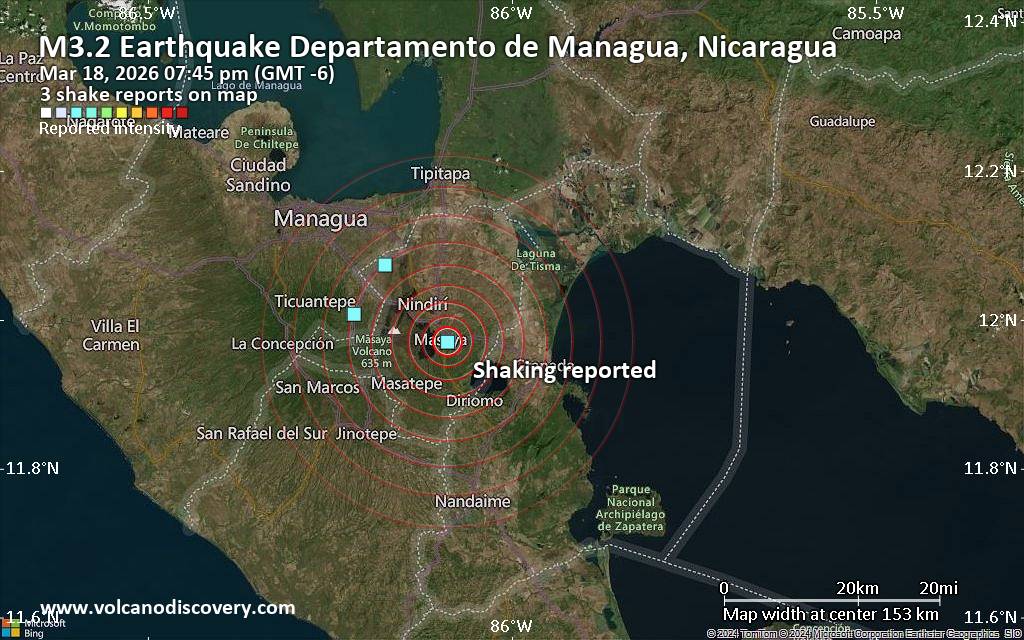Seismic-like event, possible earthquake, reported few minutes ago near Managua, Managua Department, Nicaragua