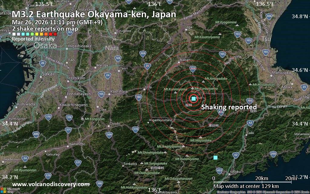 Seismic-like event, possible earthquake, reported few minutes ago near Tsuyama, Okayama, Japan