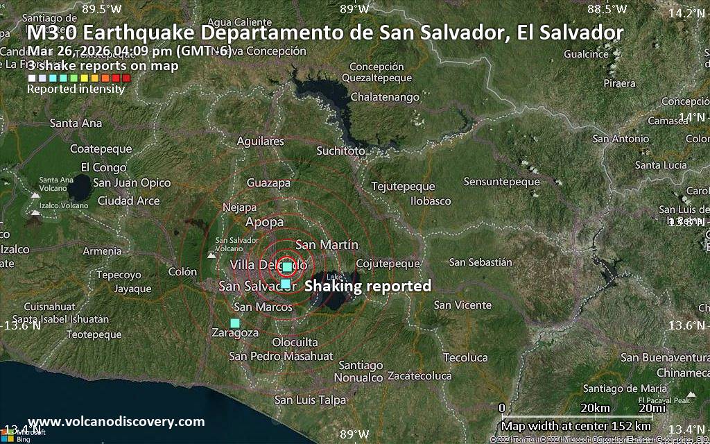 Seismic-like event, possible earthquake, reported few minutes ago near San Salvador, San Salvador Department, El Salvador