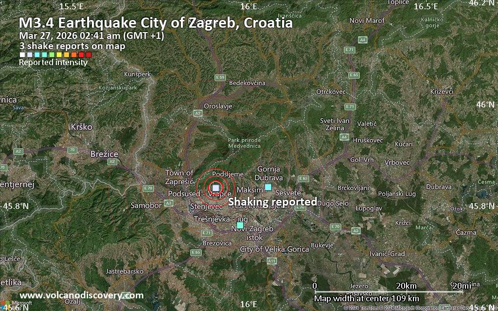 Seismic-like event, possible earthquake, reported few minutes ago near Zagreb, Zagreb, Croatia