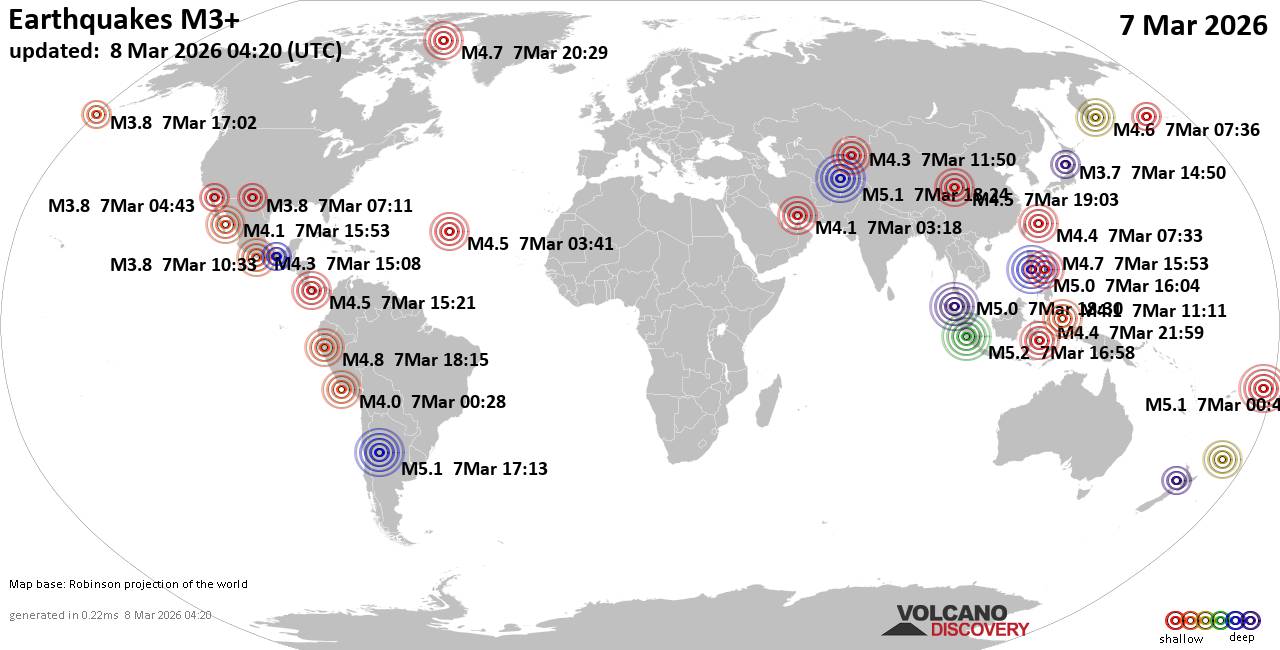 World Earthquake Report for Saturday,  7 March 2026