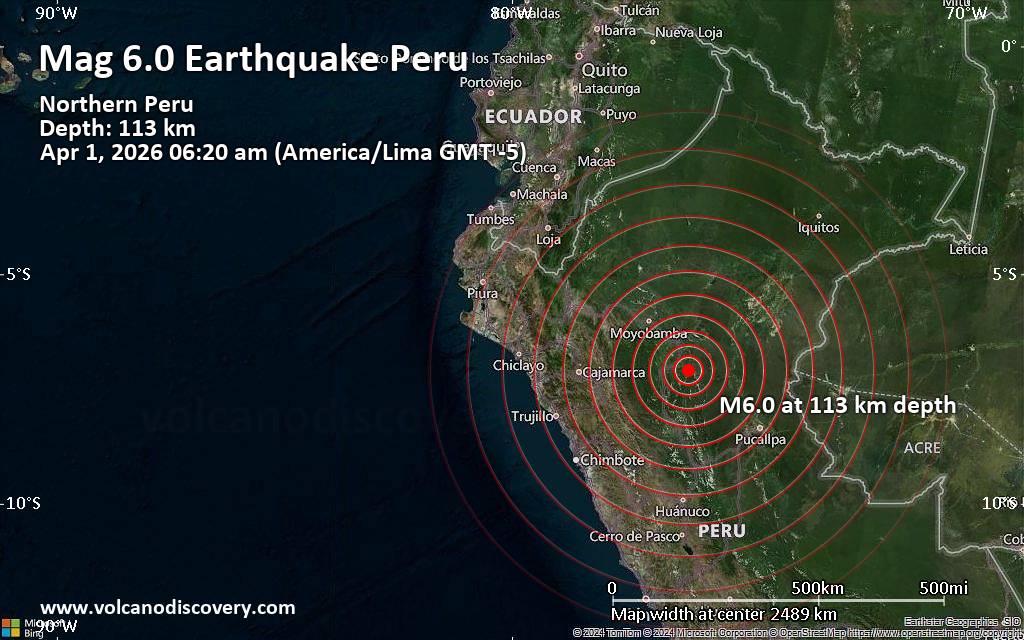 Significant magnitude 6.0 quake hits 68 km east of Juanjui, Peru early morning