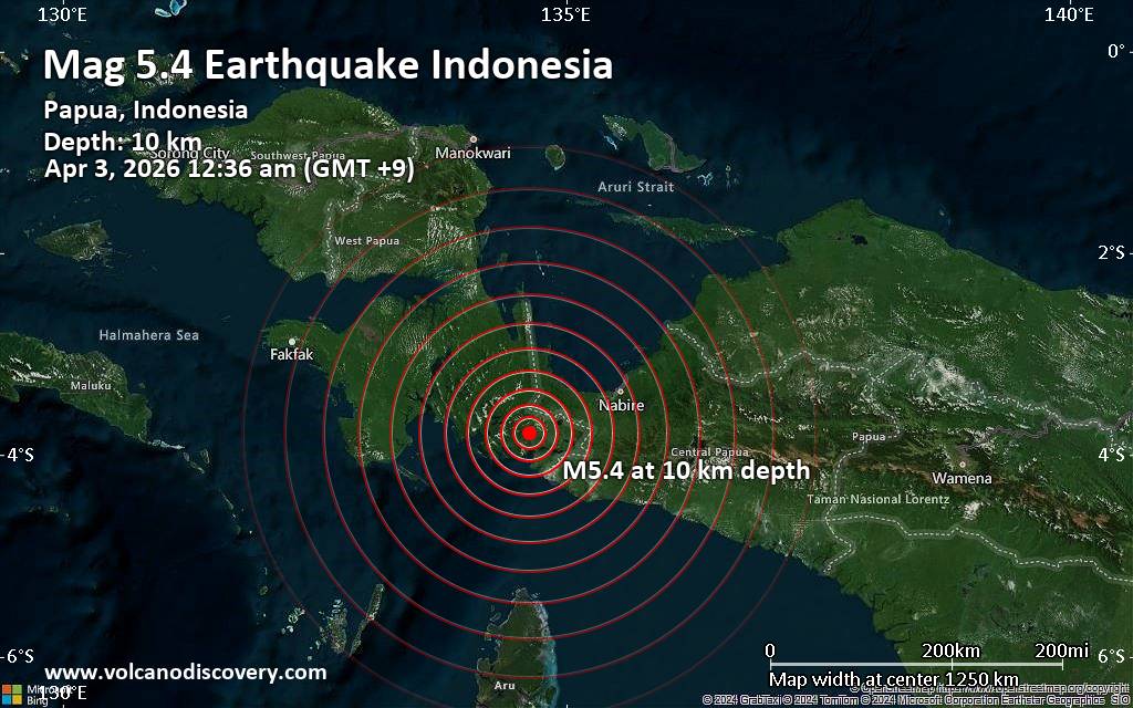 Significant earthquake of magnitude 5.4 just reported 107 km southwest of Nabire, Indonesia