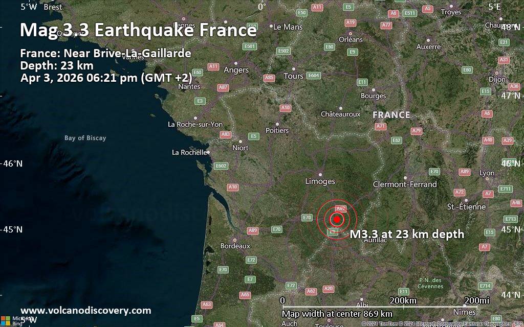 Small 3.3 quake hits near Brive-la-Gaillarde, Corrèze, Nouvelle-Aquitaine, France