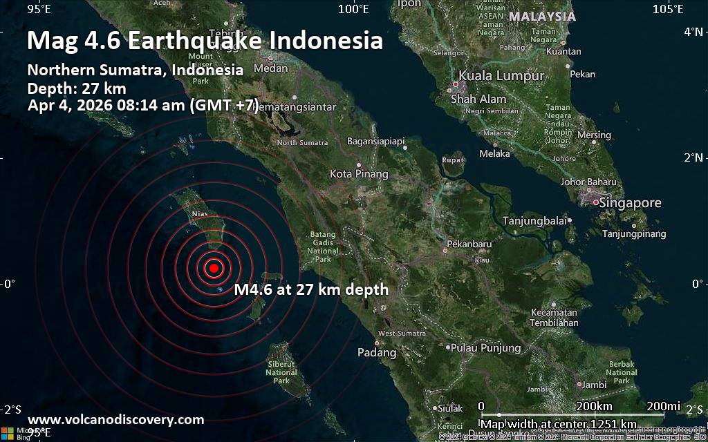 इंडोनेशिया के तेलुक दलम से 36 किमी दक्षिण में 4.6 तीव्रता का मध्यम भूकंप आया