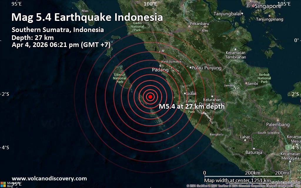 Significant 5.4 quake hits near Tuapejat, Mentawai Islands Regency, Provinsi Sumatera Barat, Indonesia