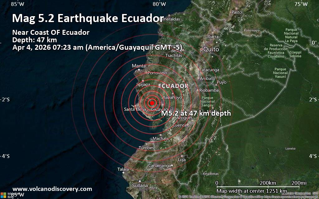 Significant magnitude 5.2 quake hits 42 km west of Guayaquil, Ecuador in the morning