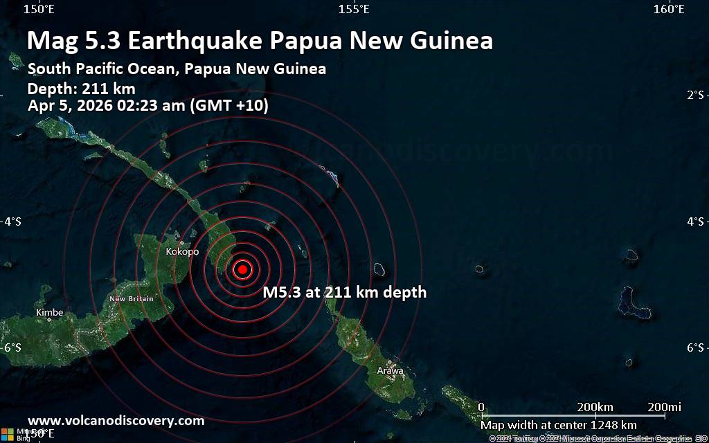 Magnitude 5.3 earthquake strikes near Kokopo, Kokopo District, East New Britain Province, Papua New Guinea