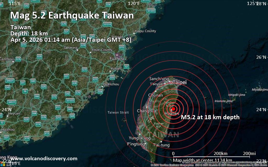 Magnitude 5.2 earthquake strikes near Hualien City, Hualien County, Taiwan