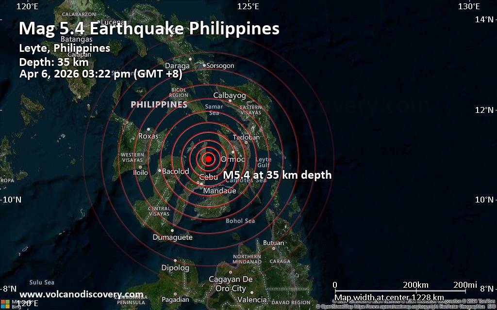 Significant earthquake of magnitude 5.4 just reported 39 km southeast of Daanbantayan, Philippines