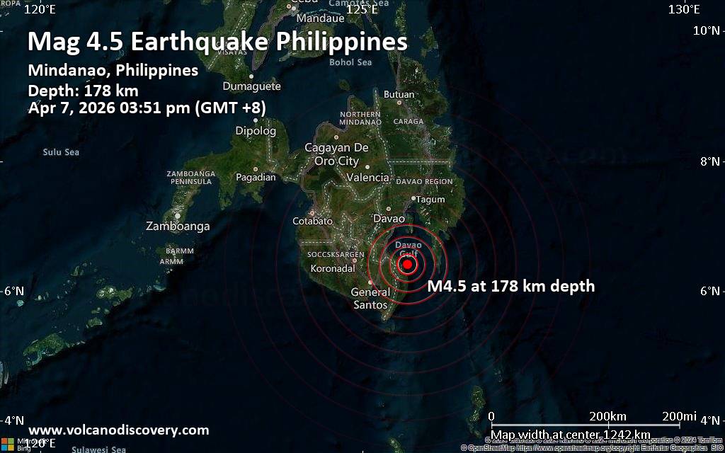 Moderate magnitude 4.5 quake hits 10 km east of Malita, Philippines early afternoon