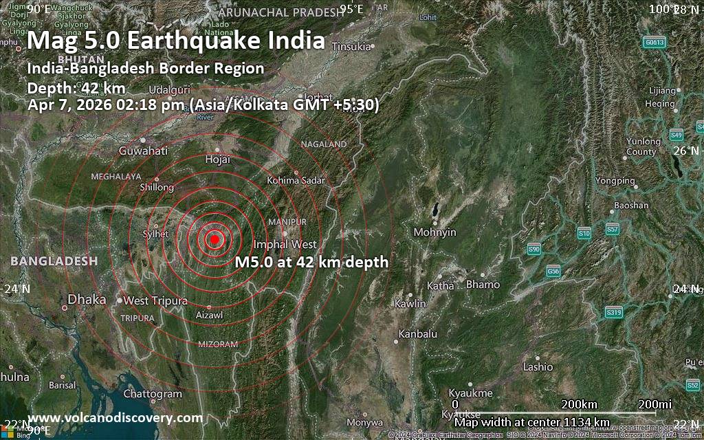 Significant earthquake of magnitude 5.0 just reported 13 km south of Silchar, India