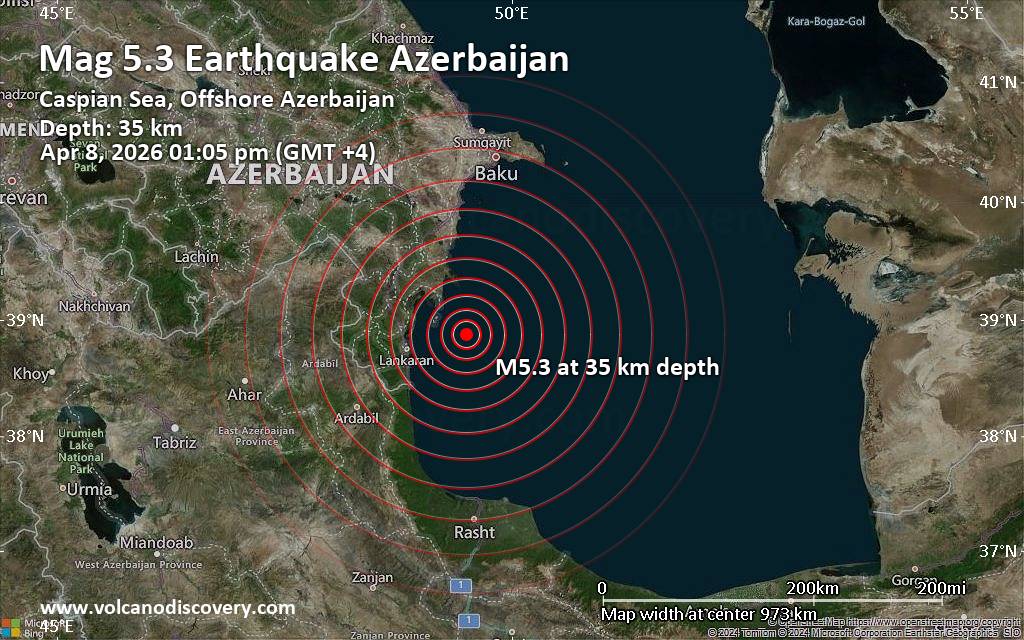 Significant magnitude 5.3 earthquake 58 km northeast of Lankaran, Azerbaijan