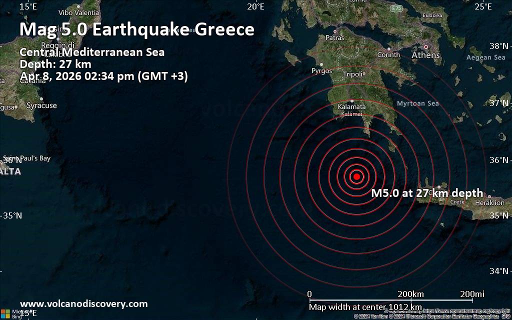 Significant magnitude 5.0 earthquake 84 km southwest of Marmari, Greece