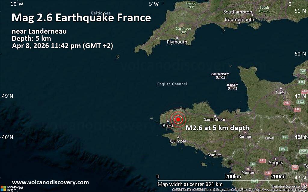 Small magnitude 2.6 quake hits 28 km east of Brest, France late at night