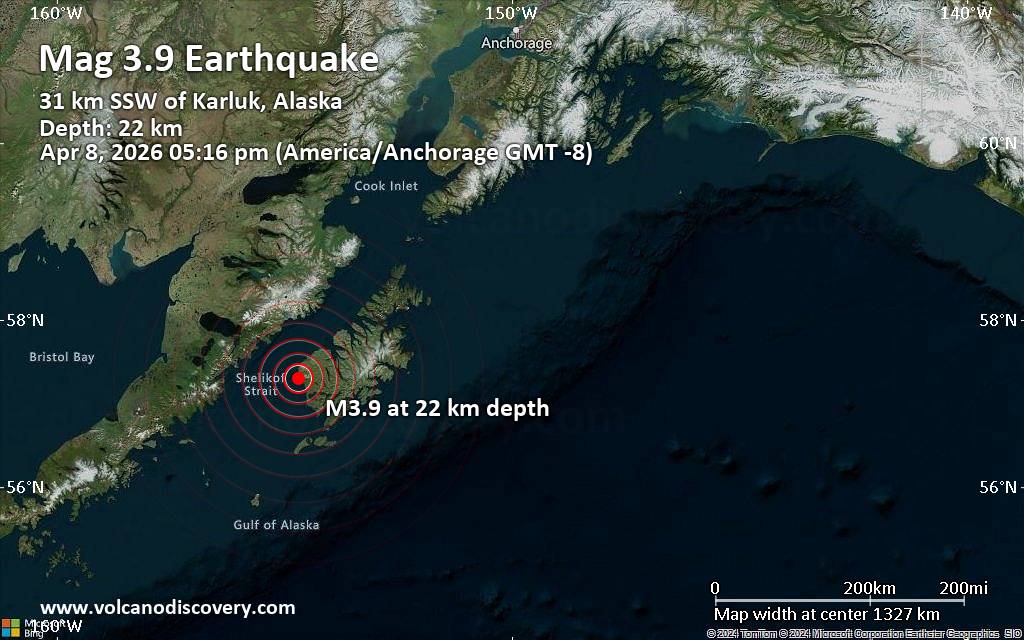 Small magnitude 3.9 quake hits 20 miles southwest of Karluk, Alaska, United States in the afternoon