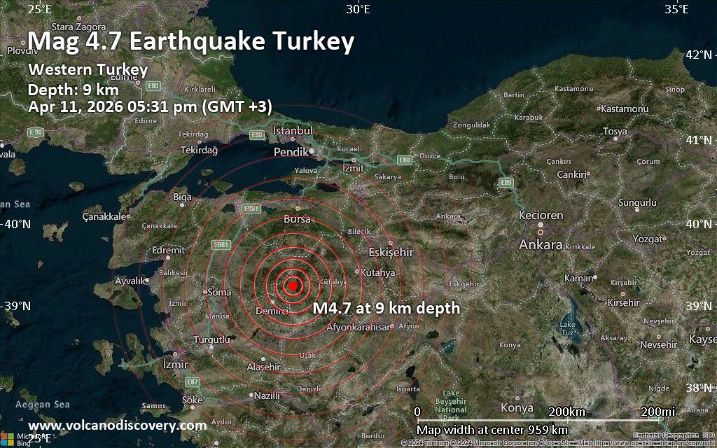 Magnitude 4.7 earthquake strikes near Simav, Simav İlçesi, Kuetahya, Turkey