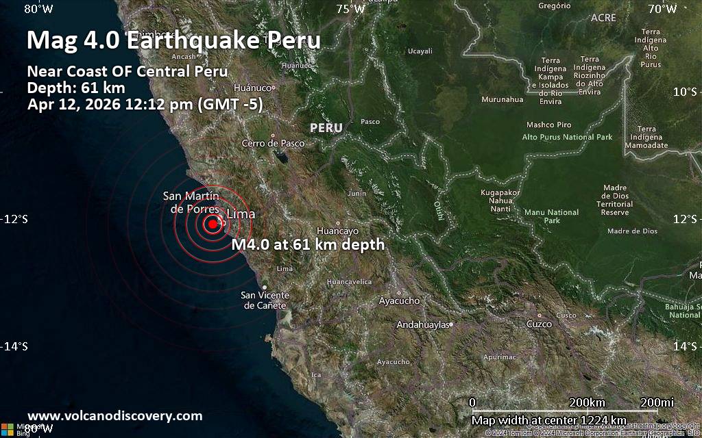 Magnitude 4.0 earthquake strikes near Lima, Lima Province, Peru