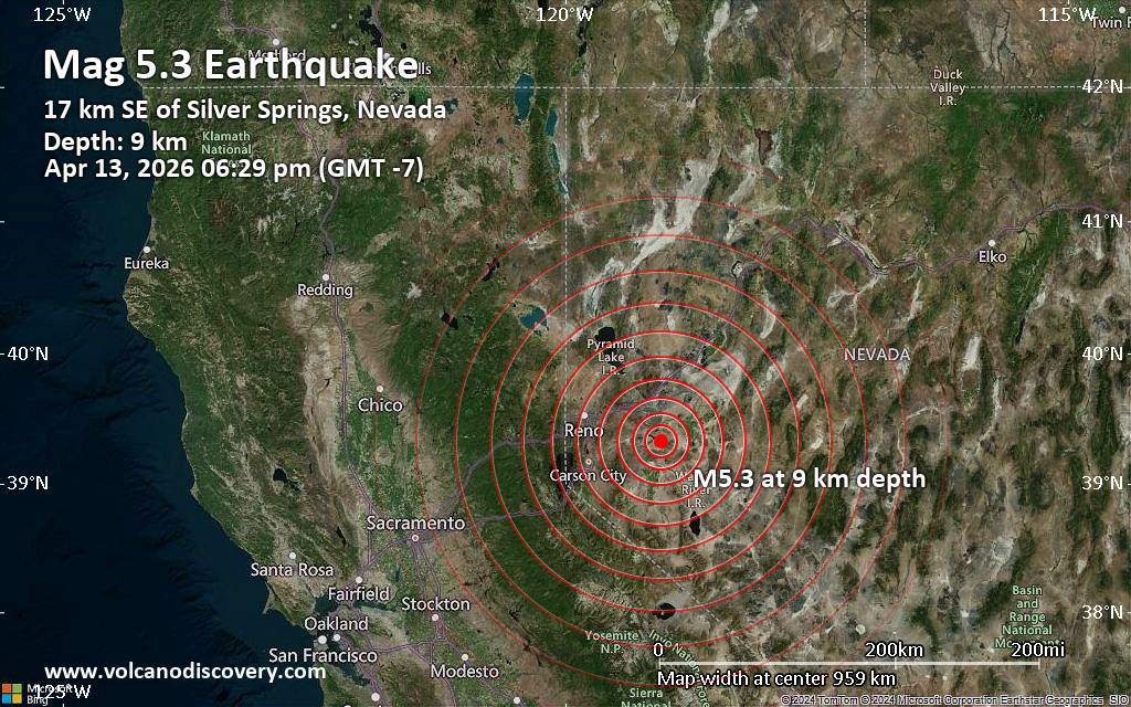 Significant magnitude 5.3 quake hits 40 miles northeast of Carson City, Nevada, United States early evening